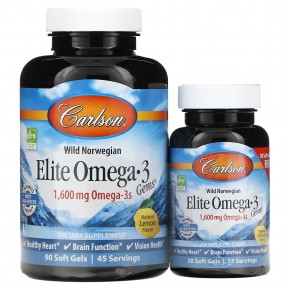 Carlson, Elite Omega-3 Gems, отборные омега-3 кислоты из норвежской рыбы дикого улова, натуральный лимонный вкус, 1600 мг, 120 капсул (800 мг в 1 капсуле) - описание