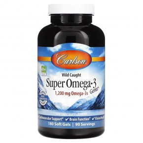 Carlson, Super Omega-3 Gems, высокоэффективные омега-3 кислоты из рыбы дикого улова, 1200 мг, 180 капсул (600 мг в 1 капсуле) - описание