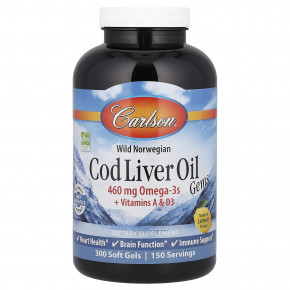 Carlson, Wild Norwegian, Cod Liver Oil Gems, жир печени дикой норвежской трески в капсулах, натуральный лимон, 300 капсул - описание | фото