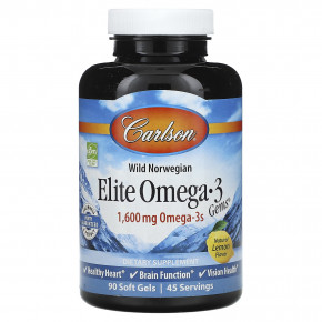 Carlson, Wild Norwegian, Elite Omega-3 Gems, Elite Omega-3 Gems, натуральный лимонный вкус, 1600 мг, 90 капсул (800 мг в одной капсуле) - описание