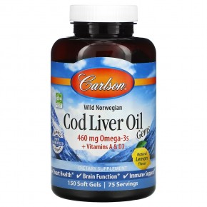 Carlson, Cod Liver Oil Gems, жир из печени норвежской трески дикого улова, с натуральным лимонным вкусом, 460 мг, 150 капсул (230 мг в 1 капсуле) - описание