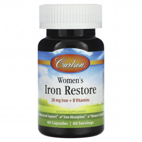 Carlson, Womens Iron Restore, 28 mg Iron + B Vitamins, 60 Capsules - описание | фото