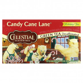 Celestial Seasonings, Праздничный зеленый чай, Candy Cane Lane, без кофеина, 18 чайных пакетиков, 35 г (1,2 унции) - описание | фото