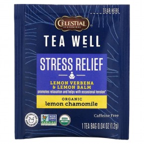 Celestial Seasonings, Stress Relief, лимонная вербена и мелисса, органическая лимонная ромашка, без кофеина, 12 чайных пакетиков по 1,2 г (0,06 унции) в Москве - eco-herb.ru | фото