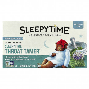 Celestial Seasonings, Wellness Tea, Sleepytime Throat Tamer®, без кофеина, 20 чайных пакетиков, 34 г (1,2 унции) - подробнее Celestial Seasonings, Wellness Tea, Sleepytime Throat Tamer®, без кофеина, 20 чайных пакетиков, 34 г (1,2 унции) - описание