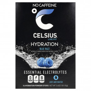 Celsius, Live Fit, увлажнение, незаменимые электролиты, без кофеина, синяя роза, 14 стиков в виде порошка для увлажнения, по 7,28 г (0,26 унции) - описание