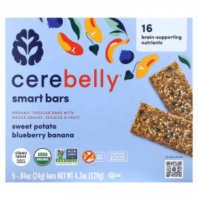 Cerebelly, Smart Bars, органические батончики для малышей, батат, черника и банан, 5 батончиков по 24 г (0,84 унции) - описание | фото