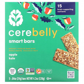 Cerebelly, Smart Bars, органические детские батончики, яблоко и кудрявая капуста, 5 батончиков по 24 г (0,84 унции) - описание | фото