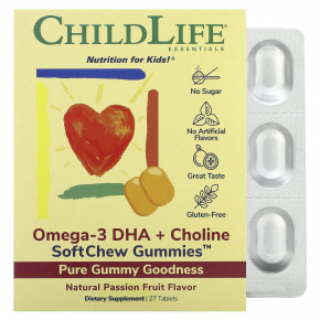 ChildLife Essentials, Essentials, омега-3 с ДГК и холином, жевательные таблетки SoftChew Gummies, со вкусом маракуйи, 27 таблеток в Москве - eco-herb.ru | фото