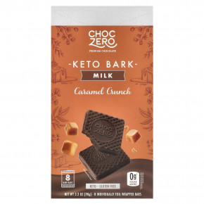 ChocZero, Keto Bark, молочный шоколад, карамель, 8 батончиков, 90 г (3,2 унции) - описание