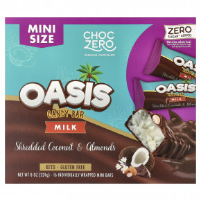 ChocZero, Oasis, шоколадный батончик, молоко, кокос и миндаль, 16 мини-батончиков в индивидуальной упаковке, 14 г (0,5 унции) каждый - описание | фото