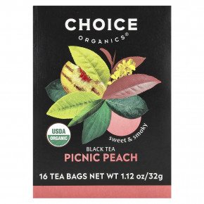 Choice Organic Teas, Black Tea, персик для пикника, 16 чайных пакетиков, 32 г (1,12 унции) - описание