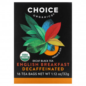 Choice Organic Teas, Черный чай без кофеина, английский завтрак, 16 чайных пакетиков, 32 г (1,12 унции) - описание