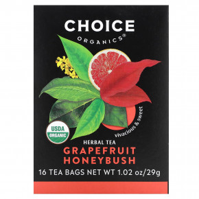 Choice Organic Teas, Herbal Tea, грейпфрут и ханибуш, без кофеина, 16 чайных пакетиков, 29 г (1,02 унции) - описание