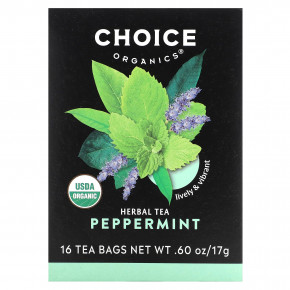 Choice Organic Teas, Herbal Tea, перечная мята, без кофеина, 16 чайных пакетиков, 17 г (0,60 унции) - описание | фото