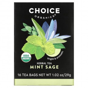Choice Organic Teas, травяной чай, мята и шалфей, без кофеина, 16 чайных пакетиков, 29 г (1,02 унции) - описание
