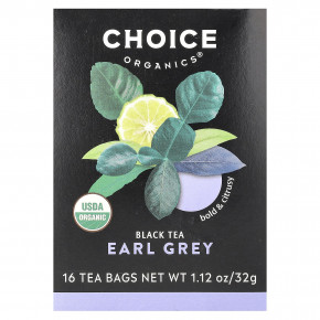 Choice Organics, Black Tea, Earl Grey, 16 чайных пакетиков, 32 г (1,12 унции) - описание