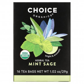 Choice Organics, травяной чай, мята и шалфей, без кофеина, 16 чайных пакетиков, 29 г (1,02 унции) - описание | фото