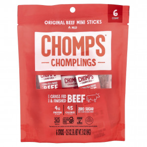 Chomps, Chomplings, оригинальные говяжьи мини-стики, неострый вкус, 6 палочек по 14 г (0,5 унции) - описание