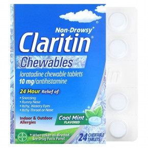 Claritin, Не вызывает сонливости, жевательные таблетки, с прохладной мятой, 10 мг, 24 жевательные таблетки в Москве - eco-herb.ru | фото