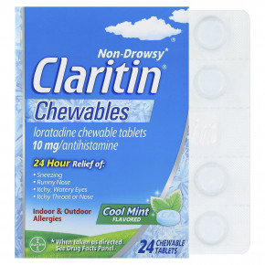 Claritin, Non-Drowsy, лоратадин, жевательные таблетки, со вкусом мяты, 10 мг, 24 жевательные таблетки - описание | фото