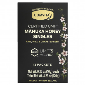 Comvita, Manuka Honey Singles, UMF 5+, MGO 83+, 12 пакетиков по 10 г (0,35 унции) - описание | фото