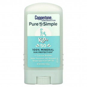 Coppertone, Pure & Simple, Kids, солнцезащитный стик для детей, SPF 50, какао-масло, 13,9 г (0,49 унции) - описание | фото