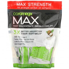 Coromega, Omega-3 Max Plus, высококонцентрированный витамин D3, со вкусом кокоса, 90 порционных пакетиков по 2,5 г - описание