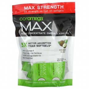 Coromega, Max, высококонцентрированный рыбий жир с омега-3, со вкусом кокоса, 2400 мг, 60 порций по 2,5 г (1200 мг в пакетике) в Москве - eco-herb.ru | фото