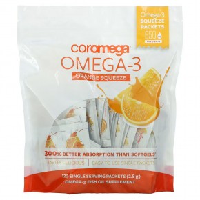 Coromega, Омега-3, апельсиновые пакетики для выдавливания, 120 пакетиков по 2,5 г (каждый) - описание