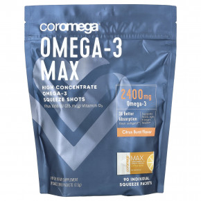 Coromega, Omega-3 Max, высококонцентрированные капсулы с омега-3, цитрусовые, 90 порционных пакетиков, по 2,5 г в Москве - eco-herb.ru | фото