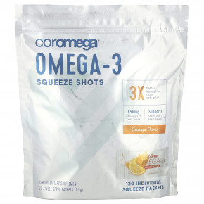 Coromega, Омега-3, Squeeze Shots, апельсин, 650 мг, 120 порционных пакетиков (2,5 г) каждый - описание | фото