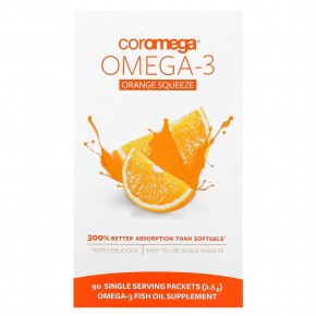 Coromega, омега-3 со вкусом апельсина, 90 пакетиков, 2,5 г каждый - описание