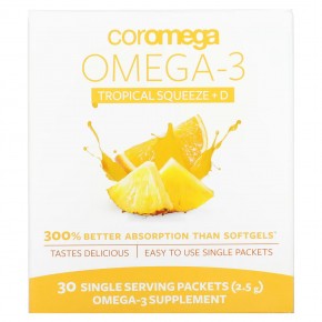 Coromega, Omega-3 + Vit D, тропический апельсин, 30 одноразовых пакетиков, 2,5 г каждый в Москве - eco-herb.ru | фото