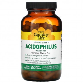 Country Life, Acidophilus, добавка с ацидофильными лактобактериями с пектином, 250 веганских капсул - описание