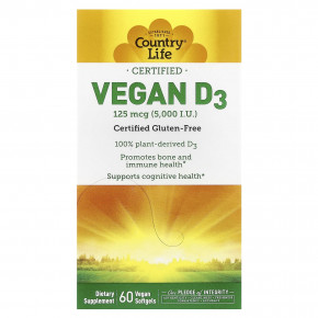 Country Life, Certified веганский витамин D3, 125 мкг (5000 МЕ), 60 веганских капсул - описание