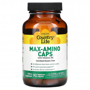 Country Life, Max-Amino Caps, аминокислоты с витамином B6, 90 вегетарианских капсул - описание