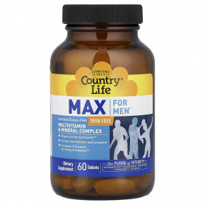 Country Life, Max for Men®, комплекс мультивитаминов и минералов, без железа, 60 таблеток - описание | фото
