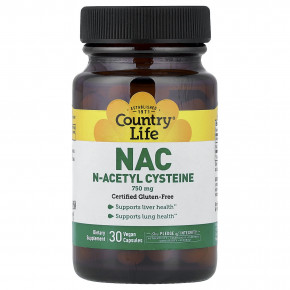 Country Life, NAC, 750 мг, 30 веганских капсул в Москве - eco-herb.ru | фото