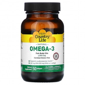 Country Life, Naturals Omega-3, 1000 мг, 50 мягких таблеток - описание