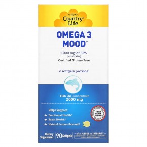 Country Life, Omega 3 Mood, натуральный ароматизатор со вкусом лимона, 90 мягких желатиновых капсул - описание