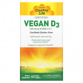 Country Life, Vegan D3, 125 mcg (5,000 IU), 60 Vegan Softgels в Москве - eco-herb.ru | фото