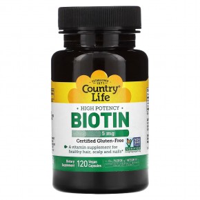 Country Life, высокоэффективный биотин, 5 мг, 120 вегетарианских капсул - описание