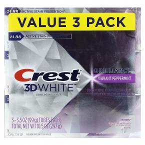 Crest, 3D White, Brilliance, зубная паста с фтором, яркая перечная мята, 3 пакетика по 99 г (3,5 унции) в Москве - eco-herb.ru | фото