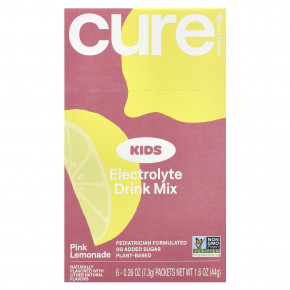 Cure Hydration, Kids, смесь для приготовления электролитов, розовый лимонад, 6 пакетиков по 7,3 г (0,26 унции) - описание