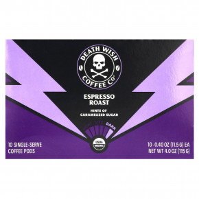 Death Wish Coffee, Порционные кофейные капсулы, обжарка эспрессо, темный, 10 капсул по 11,5 г (0,40 унции) в Москве - eco-herb.ru | фото