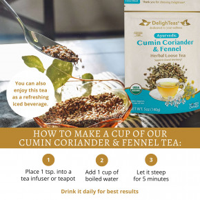 DelighTeas, Аюрведический чай, кориандр и фенхель, травяной чай для выведения токсинов, рассыпчатая смесь, без кофеина, 140 г (5 унций) в Москве - eco-herb.ru | фото