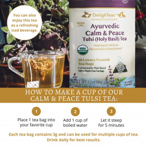 DelighTeas, Аюрведический чай с базиликом (Tulsi), без кофеина, 30 роскошных чайных пакетиков «Пирамида», 90 г (3,2 унции) в Москве - eco-herb.ru | фото