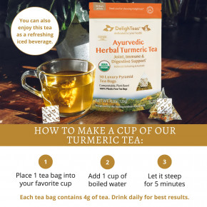 DelighTeas, Аюрведический травяной чай с куркумой, без кофеина, 30 роскошных чайных пакетиков в форме пирамидки, 120 г (4,2 унции) в Москве - eco-herb.ru | фото
