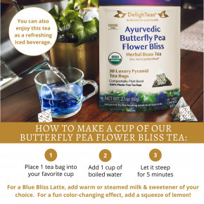 DelighTeas, Ayurvedic Butterfly Pea Flower Bliss, травяной чай, без кофеина, 30 роскошных чайных пакетиков Pyramid, 60 г (2,1 унции) в Москве - eco-herb.ru | фото
